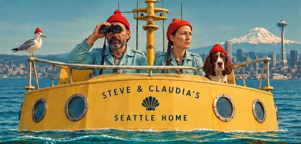 Steve and Claudia in red beanies aboard a yellow boat on Elliott Bay with their dog and a seagull, the Space Needle and Mount Rainier behind them