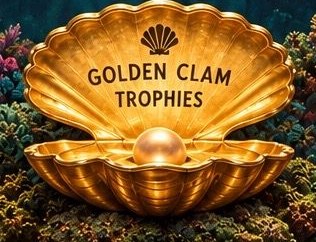 A golden clam trophy holding a pearl
