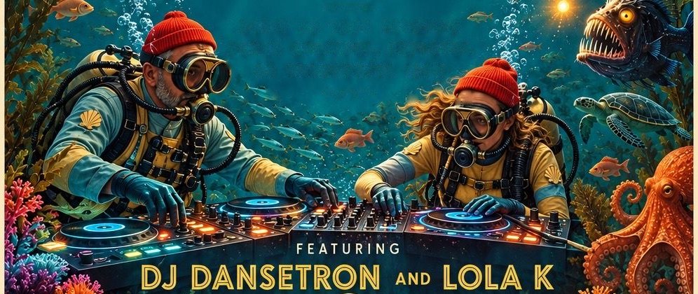 Two divers in red beanies and brass goggles spinning records on glowing turntables among coral, an octopus, and a sea turtle. Featuring DJ Dansetron and Lola K.